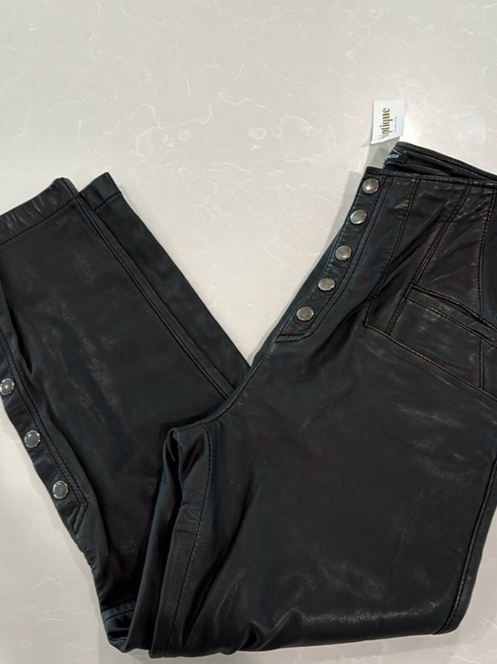 Black Snap-Button Leather Jeans